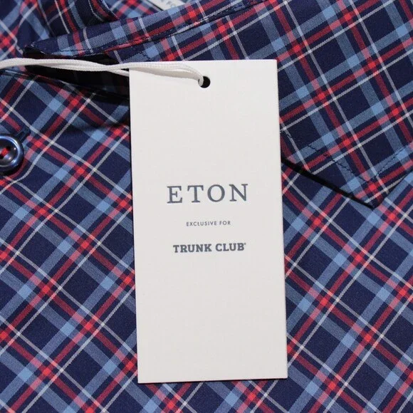 Eton NWT Dress Shirt Size 43 17 Slim Fit in Blue & Red Plaid 100% Cotton
